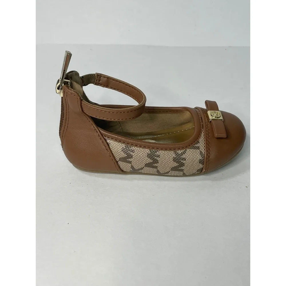 Michael Kors Florence‎ Flats Toddler Size 7 Brown Fair MK Logo Ankle Strap Bow